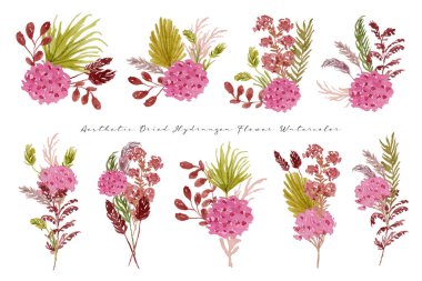 Estetik modern kurumuş çiçekler ve yaprak düzenleme suluboya