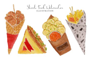 Bir dizi lezzetli sokak yemeği suluboya çizimi.