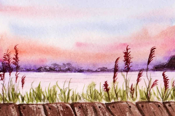 Aquarell Malerei Von Einem Gras Und Insel Landschaft Hintergrund — Stockvektor