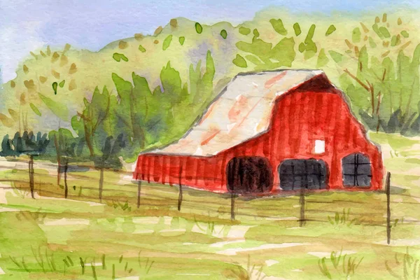 野外风景水彩画中的红色谷仓 — 图库矢量图片