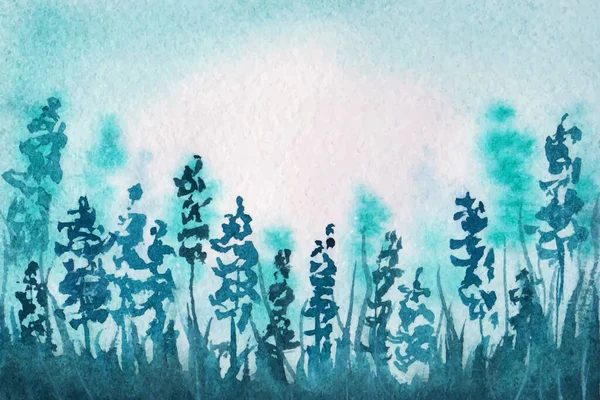 明るい空の色の風景と美しい花のブルーシルエット背景 — ストックベクタ