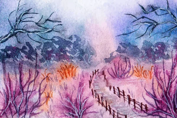 Vinterlandskap Skogen Med Snö Och Träd Akvarellmålning — Stock vektor