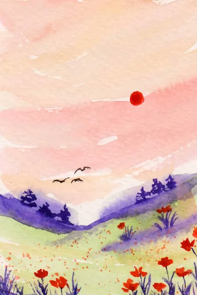 Einen Schönen Himmel Und Blumen Landschaft Malerei Hintergrund — Stockvektor