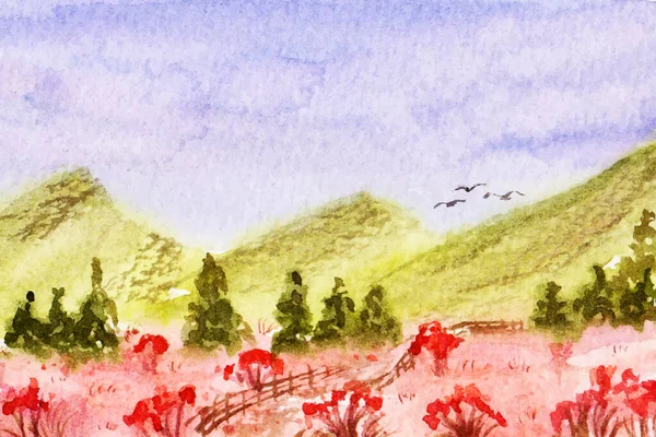 美しい花畑と緑の山の風景画の背景 — ストックベクタ