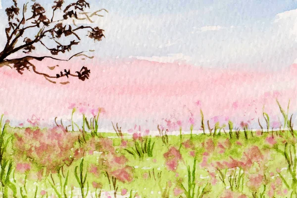 Vacker Himmel Träd Och Blomma Landskap Målning Bakgrund — Stock vektor