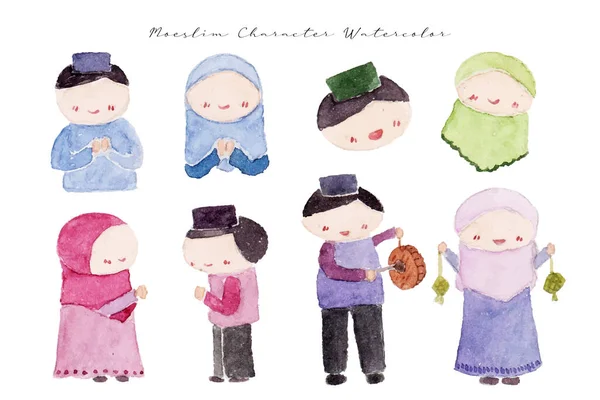 Ensemble Mignon Garçon Islamique Fille Enfant Personnage Aquarelle — Image vectorielle