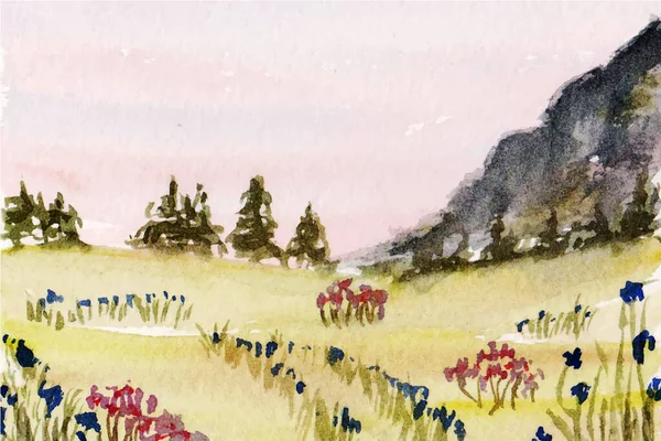 Vacker Himmel Och Blomma Med Berg Landskap Målning Bakgrund — Stock vektor
