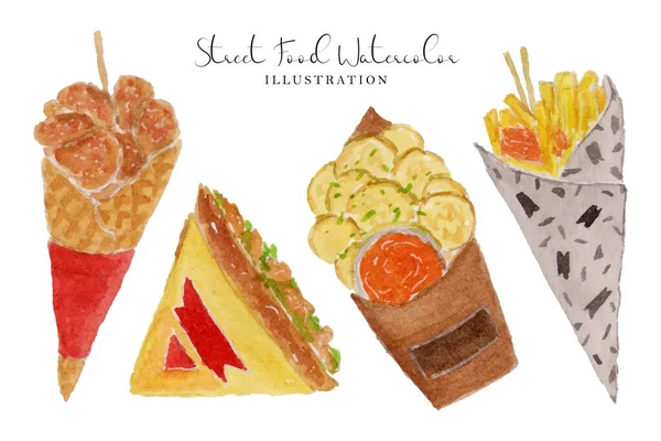 Bir dizi lezzetli sokak yemeği suluboya çizimi.