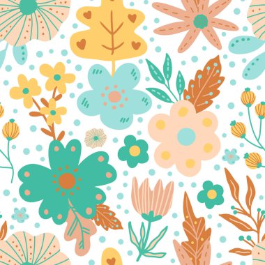 Şirin Renkli Modern Çiçek Düz Tasarımı Kusursuz Desen