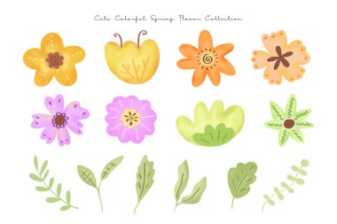 Şirin Renkli Bahar Çiçeği ve Yaprak Koleksiyonu