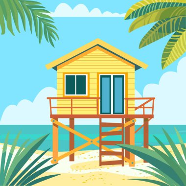 Çizgi film sahil evi. Sahildeki kulübe, Karayipler 'deki bungalov kır evi. Okyanus kenarında bir kulübe, yaz. Tayland eylemi. Hawaii tatil köyü. Vektör illüstrasyonu