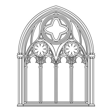 Gotik pencere hatları. Beyaz üzerine izole edilmiş klasik mimari dekoratif çerçevenin siyah çizgisel çizimi. Vektör illüstrasyonu