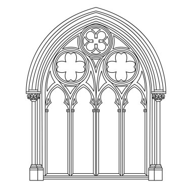 Gotik pencere hatları. Beyaz üzerine izole edilmiş klasik mimari dekoratif çerçevenin siyah çizgisel çizimi. Vektör illüstrasyonu