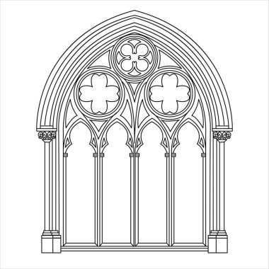 Gotik pencere hatları. Beyaz üzerine izole edilmiş klasik mimari dekoratif çerçevenin siyah çizgisel çizimi. Vektör illüstrasyonu
