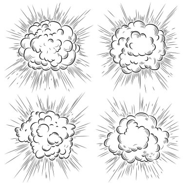 Çizgi roman patlama etkisi. Çizgi film. Güm güm ve güm. El çizimi karalama aksiyon efekti. Vektör illüstrasyonu