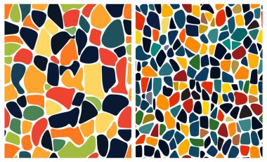 Soyut mozaik, kusursuz bir tasarım. Vektör arkaplan. Arkaplan yaratmak için mükemmel. Seramik fayans parçaları. Renkli kırık fayanslar, sarı, mavi ve kırmızı mozaik. Vektör illüstrasyonu