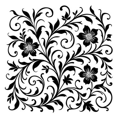 Zarif, kıvrımlı yapraklar ve karmaşık detaylar içeren klasik siyah-beyaz çiçek tasarımı. - Evet. Vektör illüstrasyonu
