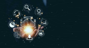 İş adamının elleri Cloud 'un bilgisayar teknolojisi ikonunun diyagramını gösteriyor. İletişim ağlarında büyük veri dijital bağlantısı kavramı. bulut depolama güvenliği ve internet hizmeti