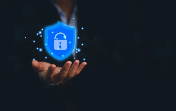 Businessman Holding Shield Icon Lock Mark Computer Data Password Protection — Stock Photo, Image