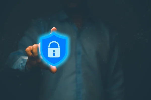 Businessman Holding Shield Icon Lock Mark Computer Data Password Protection — Stock Photo, Image