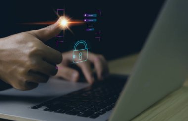 İşadamı kimlik doğrulama biyometrisi için parmak izlerini tarıyor. Siber güvenlik kavramı, özel hayata ve iş bilgilerine erişmek için bilgisayar elektronik şifresi. dijital teknoloji ağı