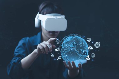 İş adamları küresel ikon el sıkışıyor büyük veri vr metaverse teknoloji ve çevrimiçi internet bağlantısı başarılı küresel finans pazarlama ve bankacılık iş kavramı