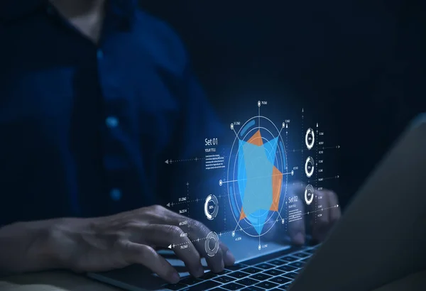Expert analysts are analyzing the data. with virtual graph charts Analytics and Data Management System. Digital technology marketing concept. and metrics connected to a computer network database