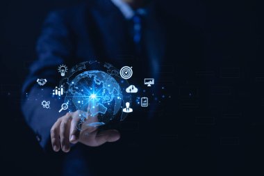 Businessman hand touching global icon big data digital link technology application online internet connection marketing business concept finance and banking global success