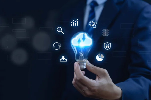 Businessman Holding Light Bulb Showing Diagram Cloud Computing Information Technology — Photo