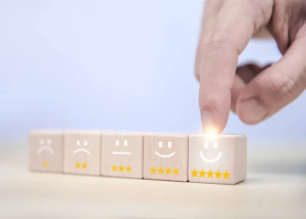 Customer Touches Wooden Block Showing Smiley Icon Five Stars Satisfaction — Stockfoto