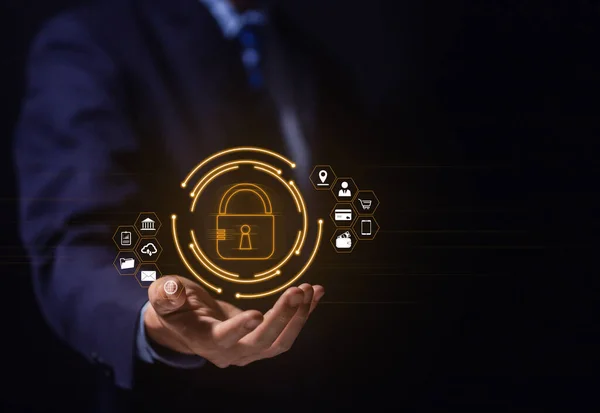 Businessman Selects Lock Icon Virtual Display Internet Network Security Concept — Stock Photo, Image