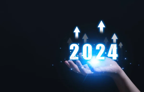 Empresário Mostrar Implementação Plano Metas 2024 Ideias Planejamento Negócios Estratégias — Fotografia de Stock