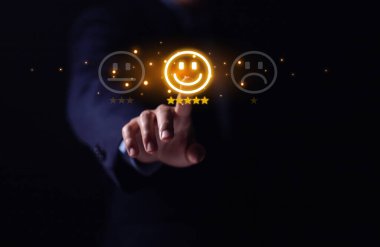 positive customer reviews touch the happiness icon and a five-star smiley face. Satisfaction survey concept, opinions, customer service The best response from the user experience of the prod clipart