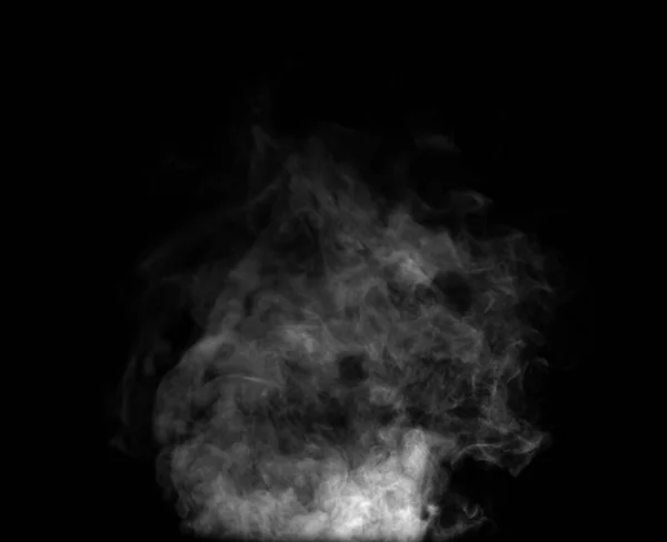 上に上昇する蒸気や抽象的な白いスモッグのクローズアップ 加湿器のスプレーから 美しく渦巻く水滴を見ることができます 黒い背景に孤立した — ストック写真