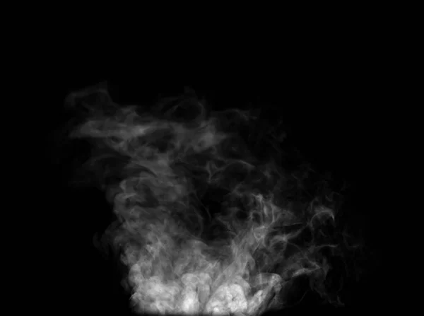 蒸汽或抽象的白烟在上方升起的特写 从加湿剂喷雾中可以清楚地看到旋涡的水滴 在黑色背景上被隔离 — 图库照片
