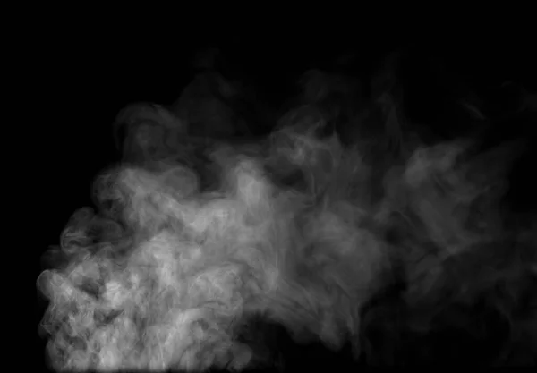 蒸汽或抽象的白烟在上方升起的特写 从加湿剂喷雾中可以清楚地看到旋涡的水滴 在黑色背景上被隔离 — 图库照片