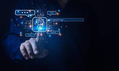 İş adamı grafik gösteren Ai sohbet uygulaması, dijital sohbet robotu asistanı. Robotik akıllı müşteri ağ verilerine erişim, gelecekteki teknoloji tartışma konsepti. yüksek teknoloji sanatsal