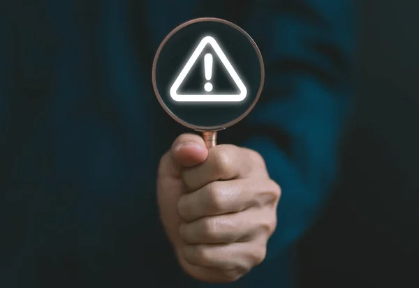 Businessman Using Laptop Showing Warning Triangle Exclamation Sign Icon Warning — Stock Photo, Image