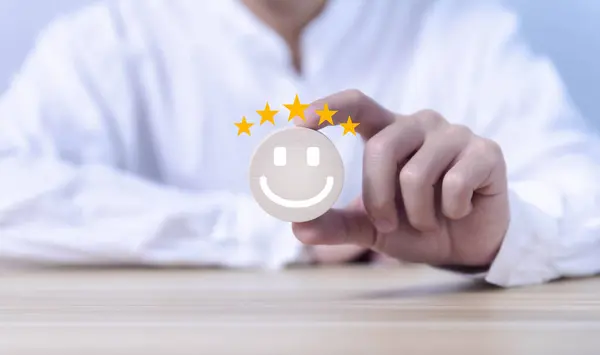 icon happy smile, 5-star rate review of client, best feedback customer. satisfaction survey concept in service of the user on a website digital online. experience positive with business top quality