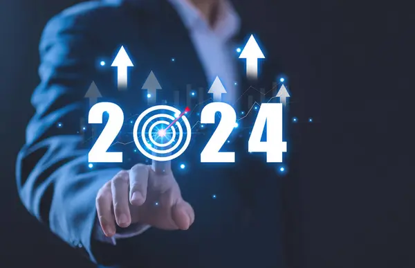 Empresário Mostrar Implementação Plano Metas 2024 Ideias Planejamento Negócios Estratégias — Fotografia de Stock