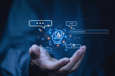 İş adamı grafik gösteren Ai sohbet uygulaması, dijital sohbet robotu asistanı. Robotik akıllı müşteri ağ verilerine erişim, gelecekteki teknoloji tartışma konsepti. yüksek teknoloji sanatsal