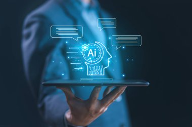 Chatbot bilgi komutunu oluşturur. konsept bot yapay zekası müşteriler için açıktır, AI sohbet dijital teknoloji, iş iletişimi, akıllı robot konuşmalarının geliştirilmesi