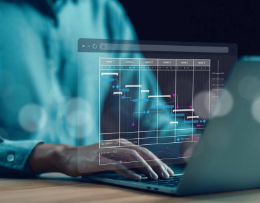 İş adamı program yönetimi Gantt 'ın zaman çizelgesini internette gösteriyor. konsept proje planlayıcısı yazılım, iş güncellemesi ve iş akışı, kilometre taşlarını yönetme, atama personeli