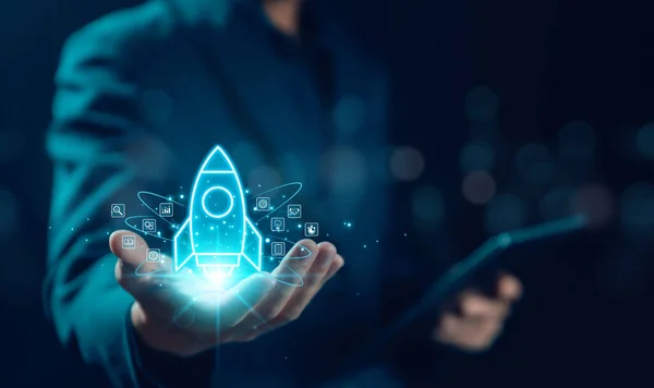 stock image Businessman and rocket start flying up and network line connection. Startup concept strategy launch Startup growth, plan development business project digital technology idea of leadership