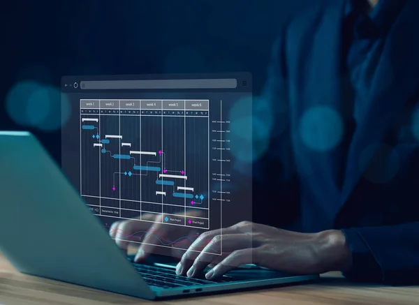 businessman schedule plan management shows a timeline Gantt chart in technology online. concept manage milestones, project planner in software, work update and workflow, appointment staff of business