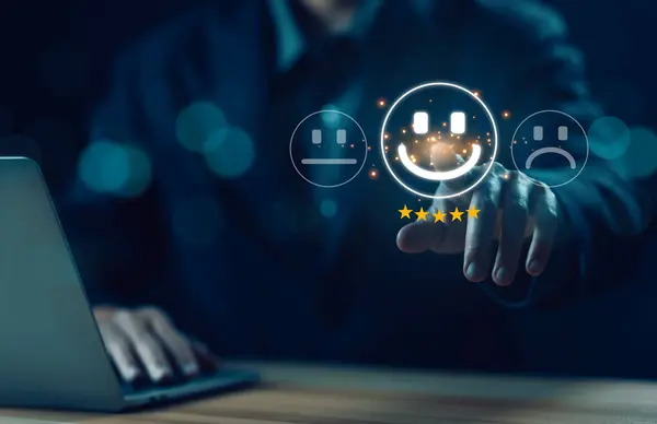 5-star rate review of client, icon happy smile, best feedback customer. satisfaction survey concept in service of the user on a website digital online. experience positive with business top quality