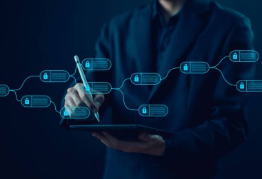 konsept siber güvenlik finansal, kripto para birimi dijital. Bir zincir içinde birbirine bağlı engelleme teknolojisi veri algoritması. İş ağlarını güvence altına almak için sistem ödemeleri ve işlemleri.