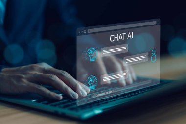 Komut sohbet robotu bilgi üretir ve robot yapay zekası müşteriler için açıktır. konsept ai chat dijital teknoloji, iş iletişimi, akıllı robot iletişimi geliştirme