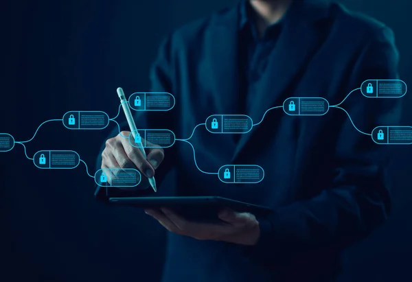 konsept siber güvenlik finansal, kripto para birimi dijital. Bir zincir içinde birbirine bağlı engelleme teknolojisi veri algoritması. İş ağlarını güvence altına almak için sistem ödemeleri ve işlemleri.