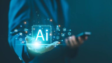 İş adamı akıllı yapay zeka teknolojisi büyük veri sistemi siber uzay, modern dönüşüm ağ teknolojisi geleceğin interneti. Yapay zeka dijital teknolojili geliştirici makine otomasyon kavramı.